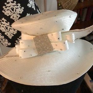 Ladies Church Hat. White with rhinestone accents